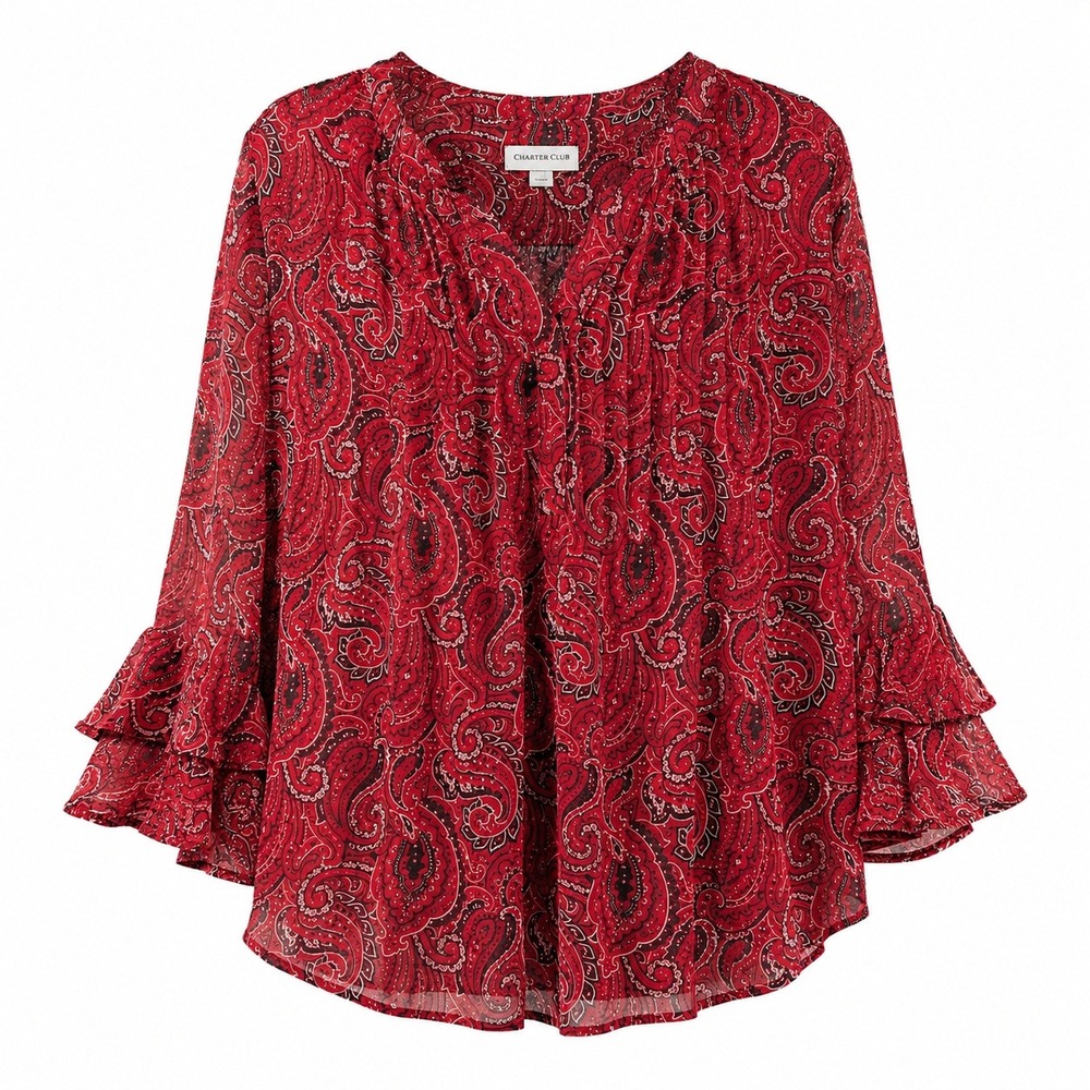 Charter Club Red Bandana Print Paisley Pintuck Ruffle Sleeve Boho Blouse Size M